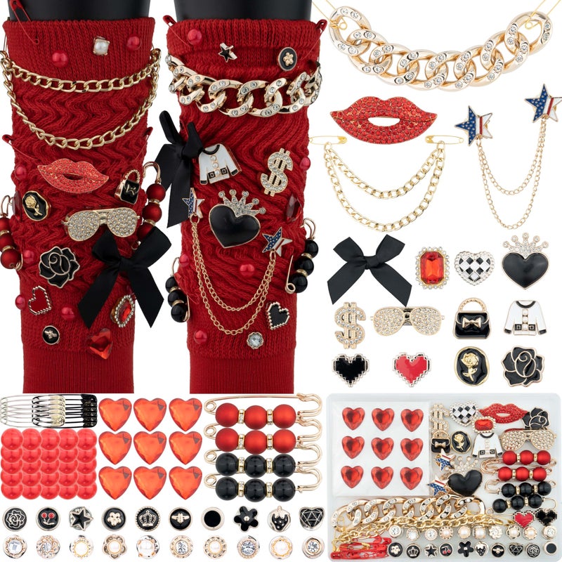 DoDoBeads 85 Pcs Junk Socks Charms Kit, Black and Red Charms for Socks, Brooches and Pins for Women, ShoeCharms with Bows, Sneakers DIY Kit with Pearls Rhinestones Chains - Image 1