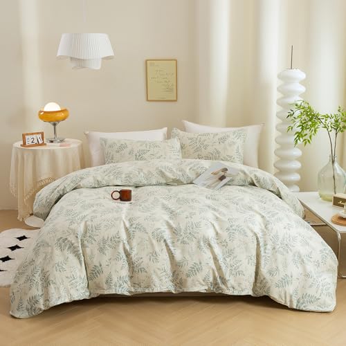 ECOCOTT 3 Pieces Duvet Cover Set with Vintage Green Leaves Pattern 100% Natural Cotton, Ultra Soft and Easy Care Breathable Cozy Simple Style Bedding Set (King Size) - Image 1