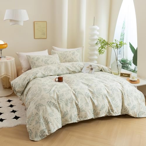 ECOCOTT 3 Pieces Duvet Cover Set with Vintage Green Leaves Pattern 100% Natural Cotton, Ultra Soft and Easy Care Breathable Cozy Simple Style Bedding Set (King Size) - Image 3