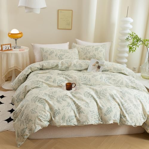 ECOCOTT 3 Pieces Duvet Cover Set with Vintage Green Leaves Pattern 100% Natural Cotton, Ultra Soft and Easy Care Breathable Cozy Simple Style Bedding Set (King Size) - Image 5