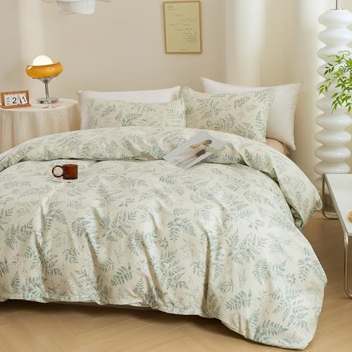 ECOCOTT 3 Pieces Duvet Cover Set with Vintage Green Leaves Pattern 100% Natural Cotton, Ultra Soft and Easy Care Breathable Cozy Simple Style Bedding Set (King Size) - Image 4