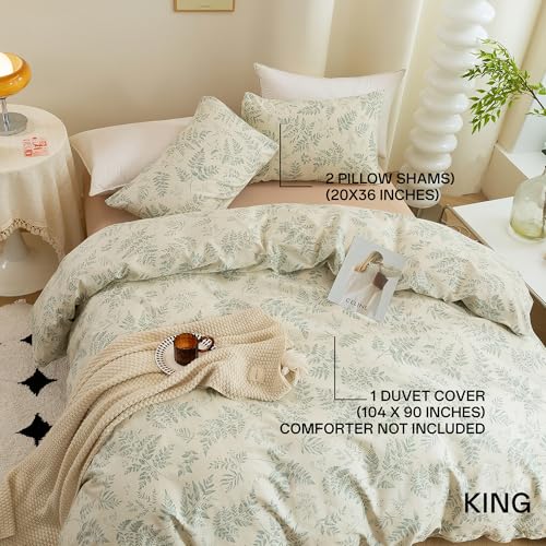 ECOCOTT 3 Pieces Duvet Cover Set with Vintage Green Leaves Pattern 100% Natural Cotton, Ultra Soft and Easy Care Breathable Cozy Simple Style Bedding Set (King Size) - Image 2