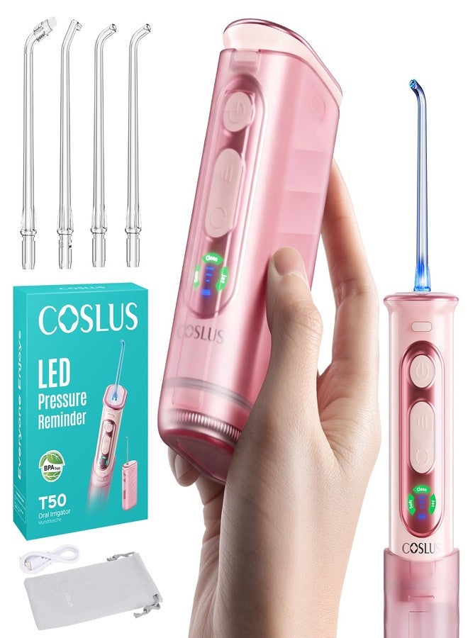 كوسلوس جهاز تنظيف الأسنان بالماء المحمول COSLUS T50 للسفر: خيط تنظيف أسنان لاسلكي صغير مزود بشاشة عرض ومؤشر ضغط ضوئي، سعة 240 مل، 9 مستويات لتقويم الأسنان والعناية باللثة، قابل لإعادة الشحن أثناء التنقل، مقاوم للماء بمعيار IPX7، لون وردي - Image 1