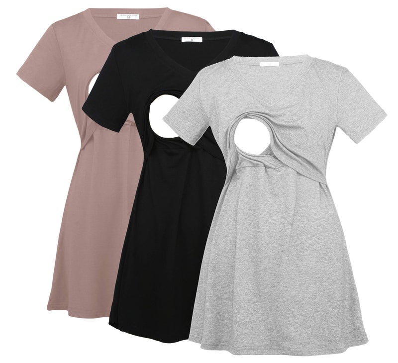 Bearsland Womens 3 Packs V Neck Nursing Tops Maternity Breastfeeding Tee Shirts,Black+LightGray+Brown,XL - Image 1