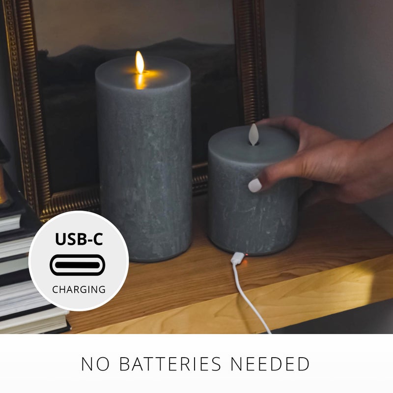 Luminara Seaglass Rechargeable Flameless LED Candle, Silver Blue 3.8" x 5.3", Moving Flame Pillar Timer, USB Type-C Charging Cable, Unscented Real Wax - Image 3