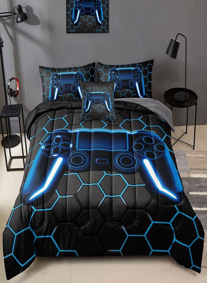 BDUCOK 6 Piece Gamer Comforter Sets Bed in A Bag for Boys Teen Kids,Honeycomb Gaming Bedding Sets Gamepad Comforter Microfiber Bed Set for All Season Gamer Home Decor(Blue,6 Piece Sets30022-Full) - Image 1