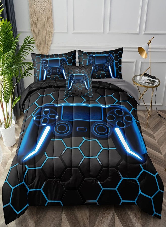 BDUCOK 6 Piece Gamer Comforter Sets Bed in A Bag for Boys Teen Kids,Honeycomb Gaming Bedding Sets Gamepad Comforter Microfiber Bed Set for All Season Gamer Home Decor(Blue,6 Piece Sets30022-Full) - Image 2