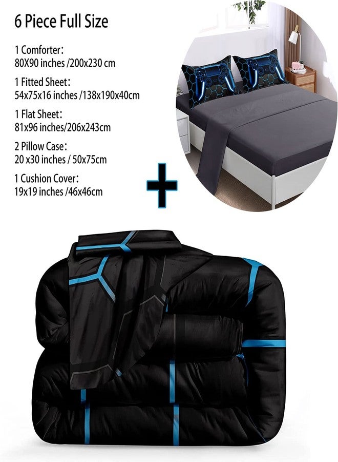 BDUCOK 6 Piece Gamer Comforter Sets Bed in A Bag for Boys Teen Kids,Honeycomb Gaming Bedding Sets Gamepad Comforter Microfiber Bed Set for All Season Gamer Home Decor(Blue,6 Piece Sets30022-Full) - Image 3