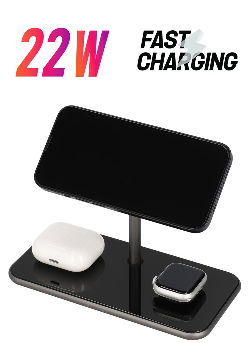 Mezone 3 in 1 Wireless Charging Station, Fast Charging Wireless Charger Stand Compatible with iPhone 15 14 13 12 11 X Pro Max Earbuds iWatch 8 7 6 5 4 Samsung Galaxy S - Black  - Image 1