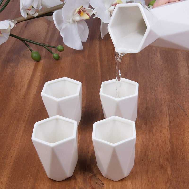 DECO 5 Piece Traditional Porcelain Japanese Sake Set, White- 1 Tokkuri Bottle (18 oz) & 4 Ochko Cups- Unique Modern Design for Tea & Drinkware- Great for Weddings, Housewarmings or Xmas Holiday Gift - Image 4