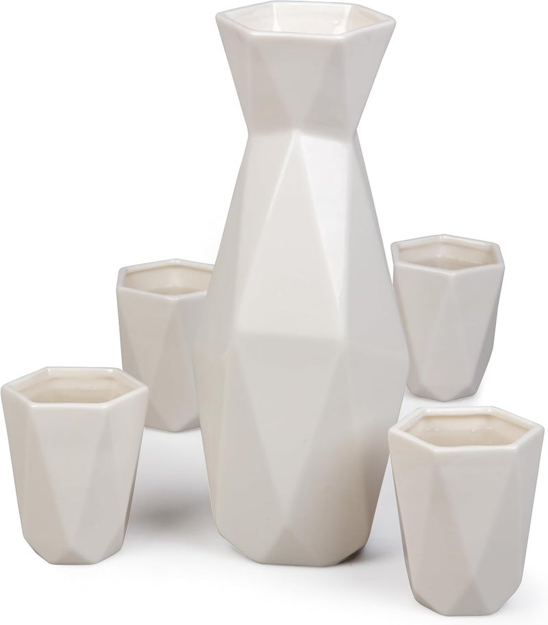 DECO 5 Piece Traditional Porcelain Japanese Sake Set, White- 1 Tokkuri Bottle (18 oz) & 4 Ochko Cups- Unique Modern Design for Tea & Drinkware- Great for Weddings, Housewarmings or Xmas Holiday Gift - Image 2