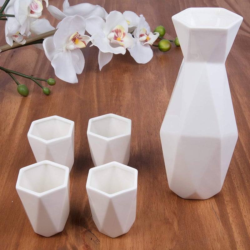 DECO 5 Piece Traditional Porcelain Japanese Sake Set, White- 1 Tokkuri Bottle (18 oz) & 4 Ochko Cups- Unique Modern Design for Tea & Drinkware- Great for Weddings, Housewarmings or Xmas Holiday Gift - Image 1