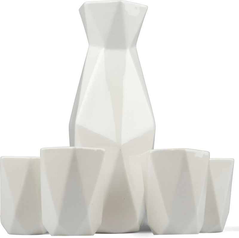 DECO 5 Piece Traditional Porcelain Japanese Sake Set, White- 1 Tokkuri Bottle (18 oz) & 4 Ochko Cups- Unique Modern Design for Tea & Drinkware- Great for Weddings, Housewarmings or Xmas Holiday Gift - Image 5