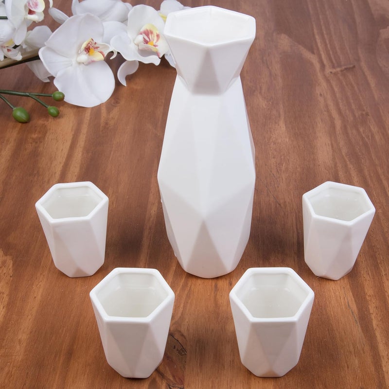 DECO 5 Piece Traditional Porcelain Japanese Sake Set, White- 1 Tokkuri Bottle (18 oz) & 4 Ochko Cups- Unique Modern Design for Tea & Drinkware- Great for Weddings, Housewarmings or Xmas Holiday Gift - Image 3