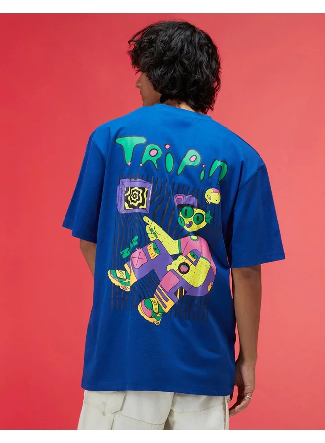 Veirdo Veirdo® Oversized Baggy Fit Drop Shoulder Latest Graphic Printed Design Half Sleeve Royal Blue Colour T-Shirt for Men in S Size