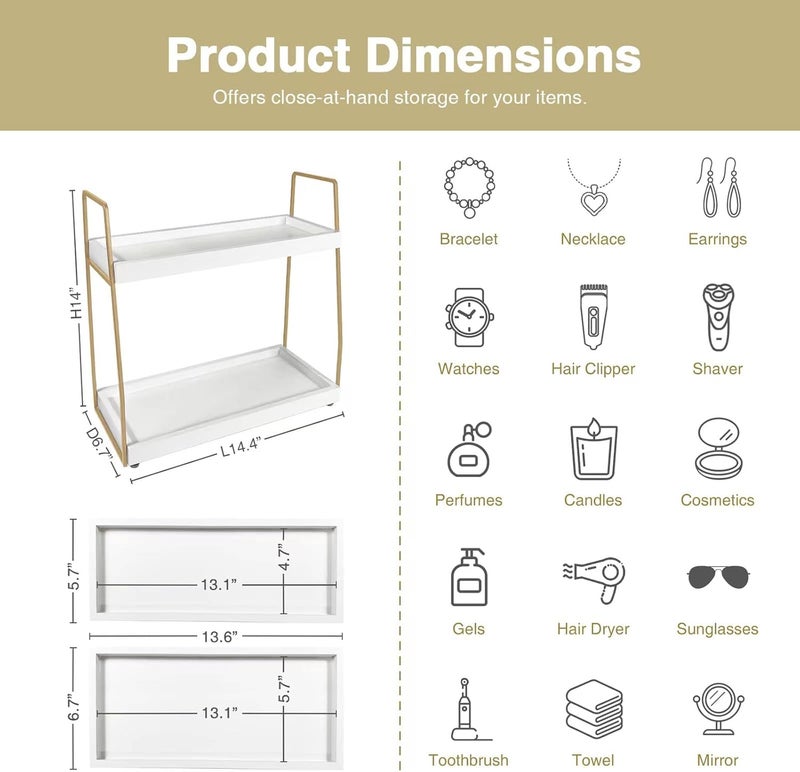 Forbena Bathroom Organizer Countertop, Counter Organizer for Bathroom Decor, Wooden Sink Shelf for Vanity Storage, Makeup Tray for Perfume Skincare Bedroom Kitchen Corner (2 Tier, White and Gold) - Image 2