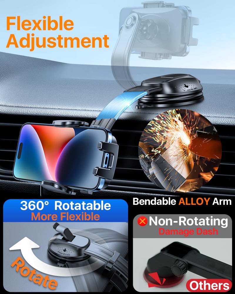 HTU Upgraded Strongest Suction Car Phone Holder Bendable Arm, Never Block View Rotatable Cellphone Mount for Dashboard Windshield Vent, Cradle Stand for iPhone 17 16 15 14 13 12 Pro Max (Black) - Image 4