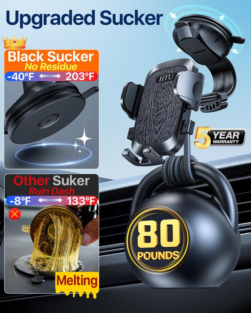 HTU Upgraded Strongest Suction Car Phone Holder Bendable Arm, Never Block View Rotatable Cellphone Mount for Dashboard Windshield Vent, Cradle Stand for iPhone 17 16 15 14 13 12 Pro Max (Black) - Image 2