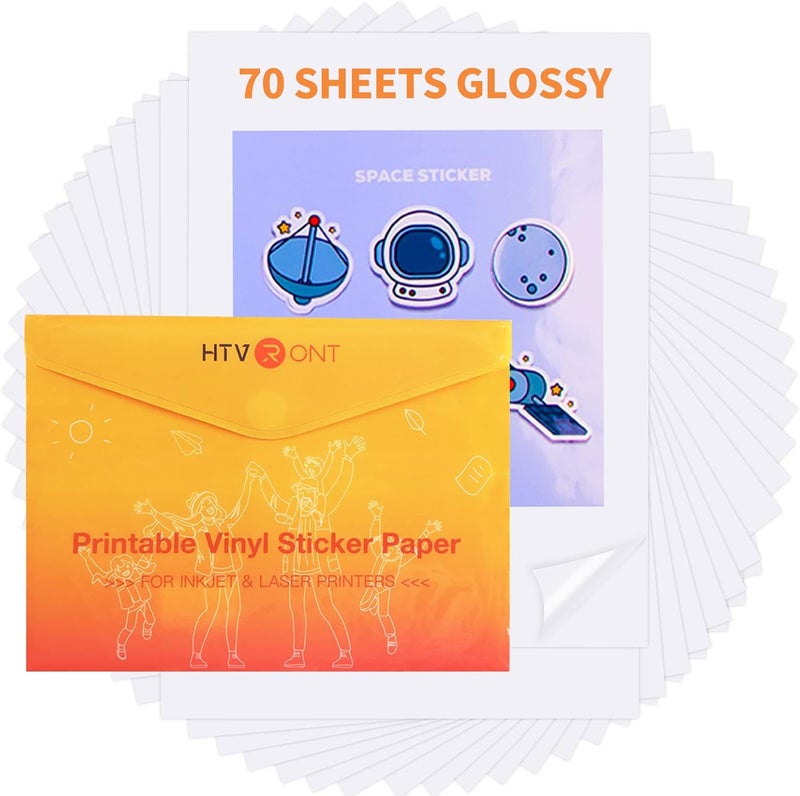 HTVRONT Printable Vinyl Sticker Paper - 70 Sheets Glossy Waterproof Sticker Paper for Inkjet Printer & Laser Printer, Dries Quickly & Tear Resistant, 8.5"x11" - Image 1