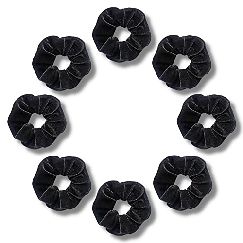 SILVR BEAR Buttery Soft Velvet Scrunchies - Set of 8 | Anti-Hair-Breakage, Ponytail Holders pack for Girls, Women, Hair Ties, Best gift for Sister, Friend, Mom (Black Velvet 8) - Image 1