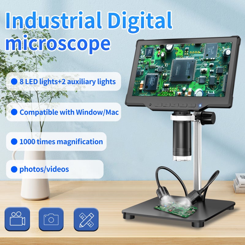 مجهر رقمي LCD IPS بقياس 10.1 بوصة دقة 1080P وتكبير 1000 ضعفاً ودقة 16 ميجا بيكسل مع مصدر ضوء للبالغين للعقاقير والدوائر الكهربائية وغيرها، مجهر لحقان مع عرض على الكمبيوتر - Image 2