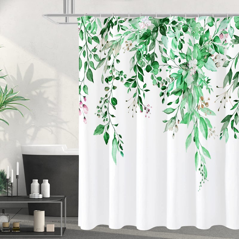 Gibelle Emerald Green Eucalyptus Shower Curtain, Watercolor Plant Leaves with Floral Bathroom Shower Curtain Set, 72x72 - Image 1