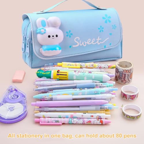 MCWTH Pencil Case for Girls, Kids Large Capacity Cute Pencil Box with Compartments School Organizer Pen Pouch (Sakura Blue) - Image 3