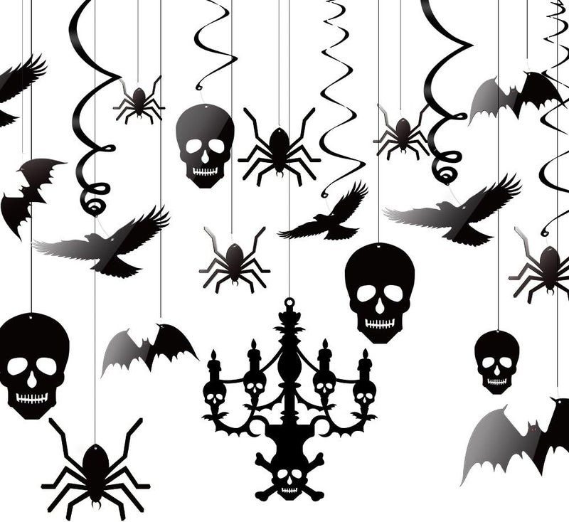 KUUQA Halloween Hanging Decorations Ceiling Decoration of Chandelier Bat Crow Spider Skull for Haunted House Decoration Set of 20 - Image 1