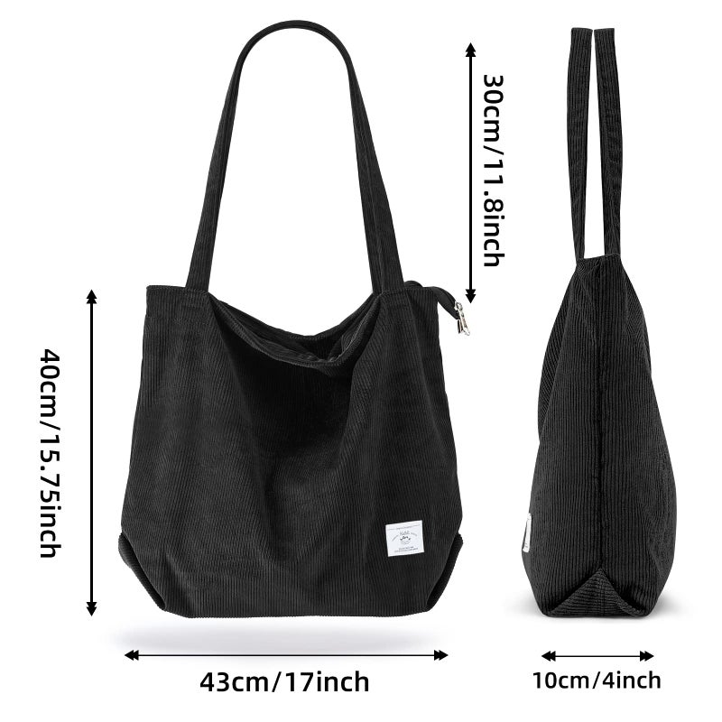 KALIDI FANCY FOREST KALIDI Women Corduroy Tote Bag Large Shoulder Bag with Zipper Pockets Big Capacity Casual Handbags Shopping Bag for Girls, Black - Image 2