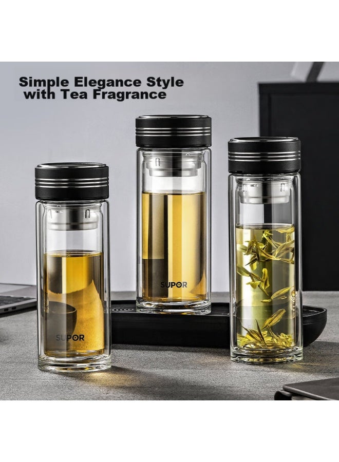 Supor Double-layer Glass Cup, Office Tea Infuser Mug, Tea-water Separation Cup For Men And Women, Car Water Bottle, 350ml, Elegant Black - Image 1