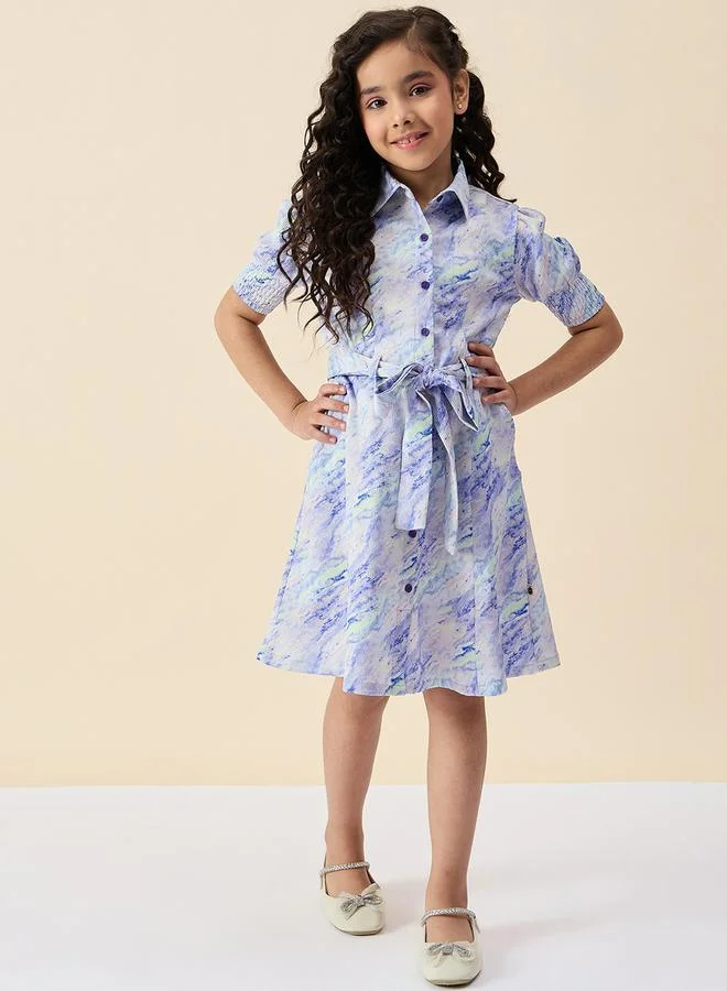 Stylo Bug Girls Blue Geometrical Print Waist-Tie Dress