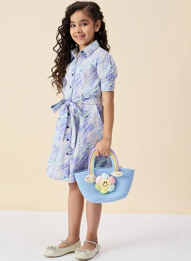 Stylo Bug Girls Blue Geometrical Print Waist-Tie Dress