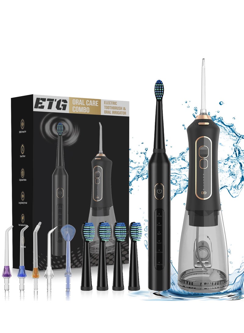 إي تي جي فرشاة الأسنان الكهربائية الصوتية والماء فلوسر كومبو - 5 أوضاع فلوسر المياه اللاسلكية مع خزان 300 مل ، 40-130 PSI الضغط ، بطارية 30 يومًا ، IPX7 مقاومة للماء للسفر والرعاية الفموية اليومية - Image 1