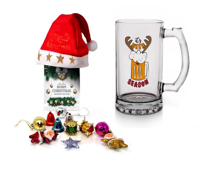 Kesri Gifts Kesri Gifts Christmas Gift Set Printed Beer Mug 12 Christmas Ornaments with Santa Cap Xmas Greeting Card for Xmas Gift ComboxmBrm22132 - Image 1