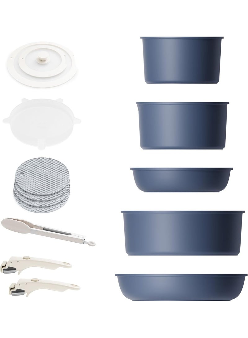 طقم حلل ومقالي قابلة للفصل وغير لاصقة - حلل ومقالي ممكن تتكدس وممكن تستخدم على الحث الكهربي ومعاها مقابض قابلة للإزالة، آمنة للغسالة - للمبيت في عربيات الرحلات، الفرن والبوتاجاز، ٥ قطع (أزرق) - Image 1