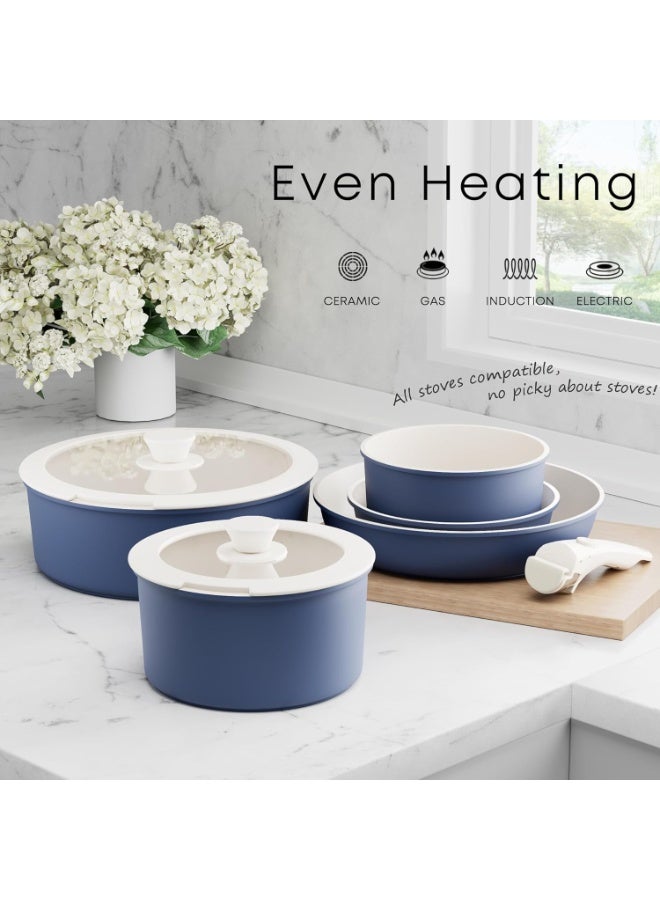 طقم حلل ومقالي قابلة للفصل وغير لاصقة - حلل ومقالي ممكن تتكدس وممكن تستخدم على الحث الكهربي ومعاها مقابض قابلة للإزالة، آمنة للغسالة - للمبيت في عربيات الرحلات، الفرن والبوتاجاز، ٥ قطع (أزرق) - Image 4