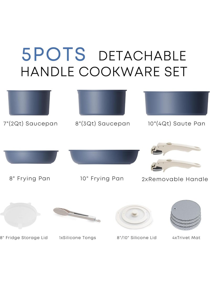 طقم حلل ومقالي قابلة للفصل وغير لاصقة - حلل ومقالي ممكن تتكدس وممكن تستخدم على الحث الكهربي ومعاها مقابض قابلة للإزالة، آمنة للغسالة - للمبيت في عربيات الرحلات، الفرن والبوتاجاز، ٥ قطع (أزرق) - Image 2