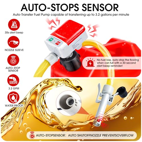 AUTOJDM Fuel Transfer Pump with AutoStop Sensor30s Alert Beep32GPMOverfill Protection51Hose Transfer Pump Battery Powered with 4 Tank AdapterPortable Liquid Pump with Nozzle for GasolineDieselOil - Image 3