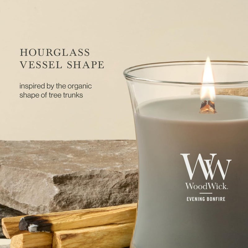 وودويك شمعة على شكل ساعة رملية متوسطة الحجم من WoodWick، برائحة نار المخيم المسائية، مصنوعة من شمع ممتاز مخلوط من فول الصويا، مع فتيل خشبي مبتكر من Pluswick، ورائحة خاصة بموسم الخريف. - Image 4
