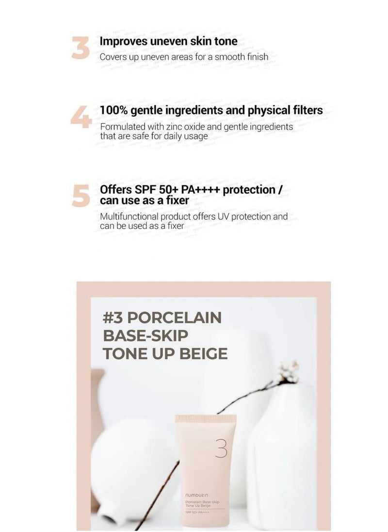 numbuzin Numbuzin No.3 Porcelain Base-Skip Tone Up Beige - Powdery Finish with Light, Natural Coverage in Beige Tint for a Flawless Complexion | Korean Skincare, 50ml  - Image 4