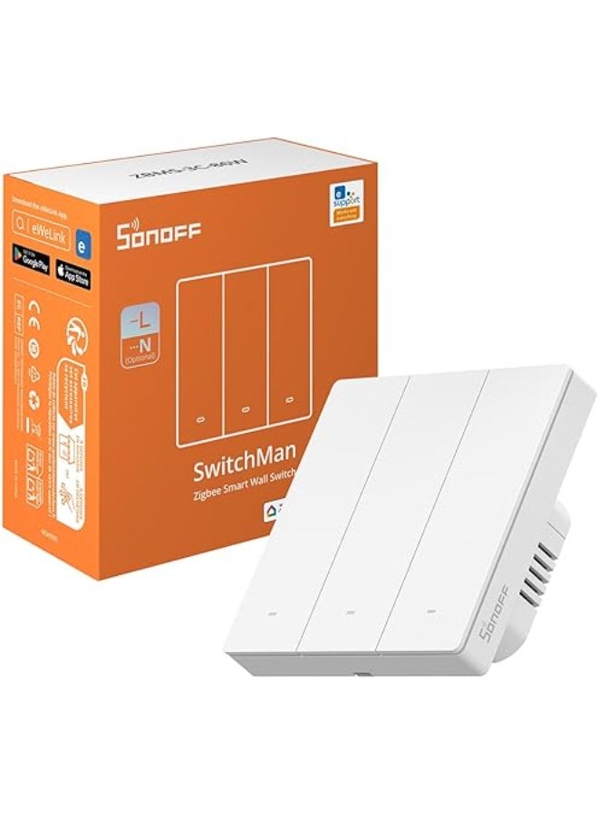 سونوف سويتش حائط ذكي SONOFF SwitchMan Zigbee ثلاثي المفاتيح (3 Gang) بخيار الحيادي أو بدون حيادي – تحكم ثنائي الاتجاه – أتمتة المنزل الذكي – متوافق مع Home Assistant – MQTT – ZHA – Z2M – ZBM5-3C-86W – أبيض - Image 1