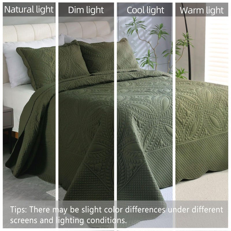 Cmfshape Oversize King Bedspread 128"x120",3 Piece California King Quilt,Lightweight Olive Green Quilt Set for All Season,Modern Coin Pattern Bedding Set - Image 4