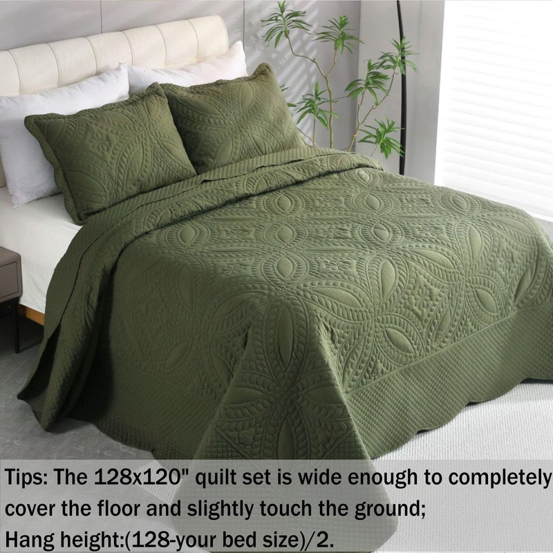 Cmfshape Oversize King Bedspread 128"x120",3 Piece California King Quilt,Lightweight Olive Green Quilt Set for All Season,Modern Coin Pattern Bedding Set - Image 3