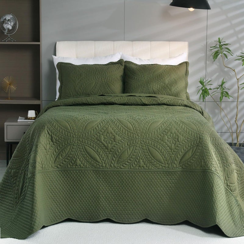 Cmfshape Oversize King Bedspread 128"x120",3 Piece California King Quilt,Lightweight Olive Green Quilt Set for All Season,Modern Coin Pattern Bedding Set - Image 2