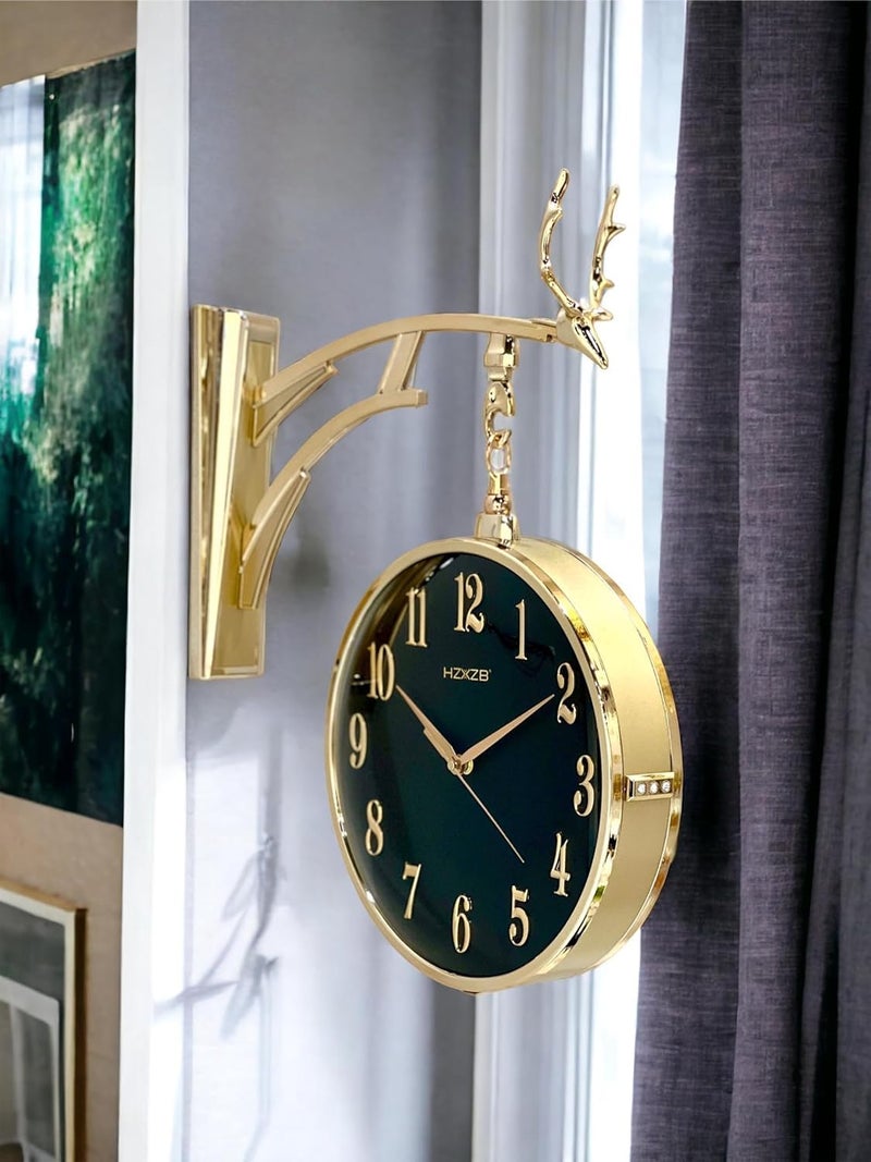 Sisliya Double Sided Wall Clock Decorative Indoor Outdoor Double Sided Hanging Train Station Clock for Patio, Garden, Office & More Antique Style Outside Corner Clock Decor (W4-Gold) - Image 3