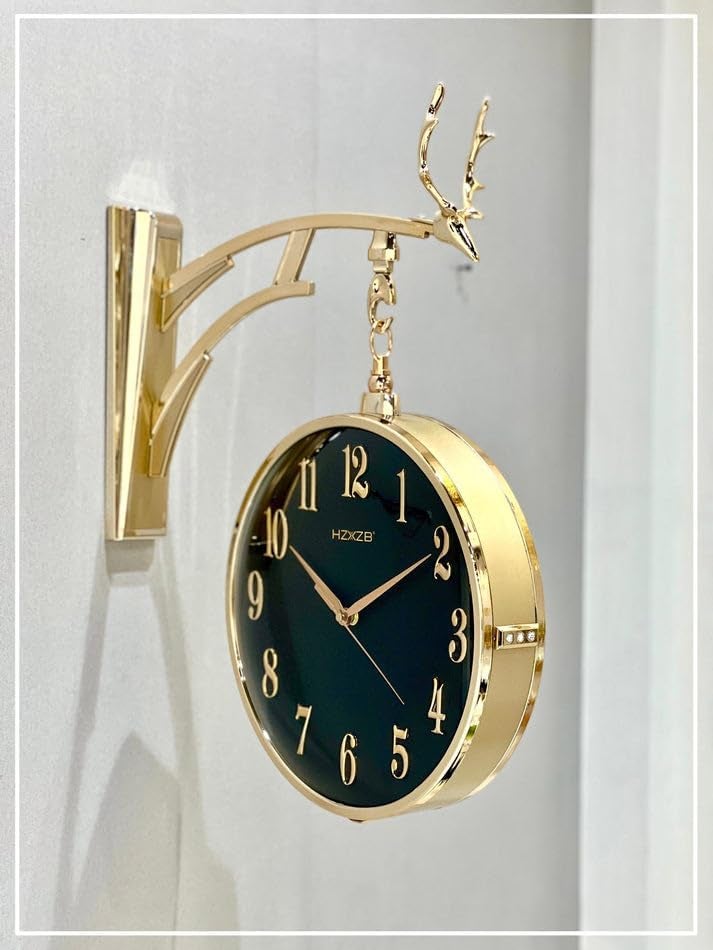 Sisliya Double Sided Wall Clock Decorative Indoor Outdoor Double Sided Hanging Train Station Clock for Patio, Garden, Office & More Antique Style Outside Corner Clock Decor (W4-Gold) - Image 1