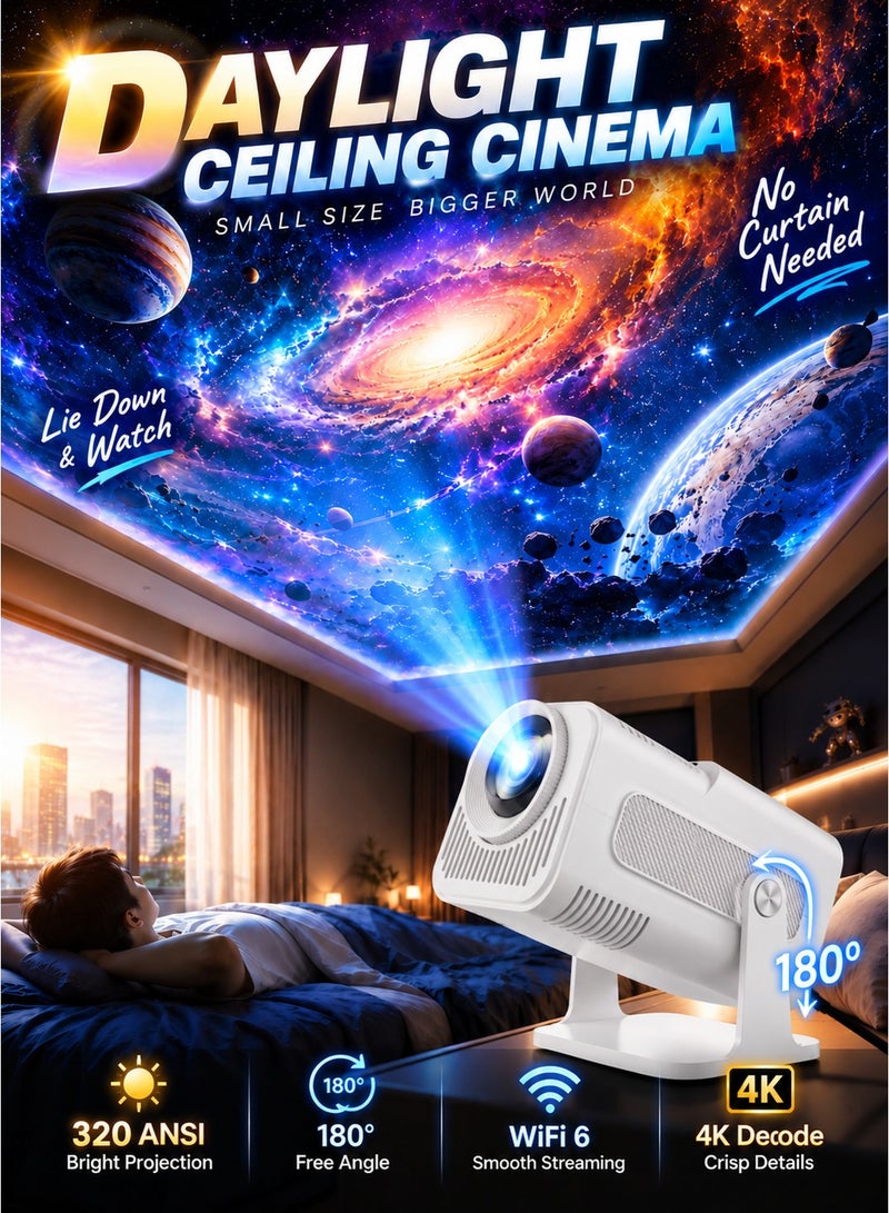 TANMASHI Smart Projector Supports 4K Decoding Full HD WiFi Bluetooth, 320 ANSI Portable Projector with 270° Heavy-Duty Stand, Mini Projector 4K for Ceiling Home Cinema, White - Image 1