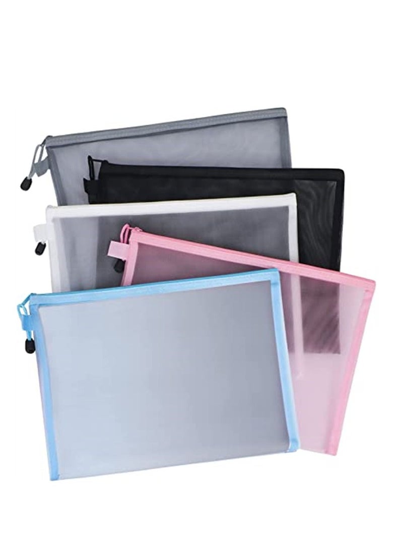 Excefore Mesh Zipper Pouch Document Bag, 5 Pack A4 Size Zipper Bags for School Office Supplies, Storage Bags, 5 Colors - Image 1