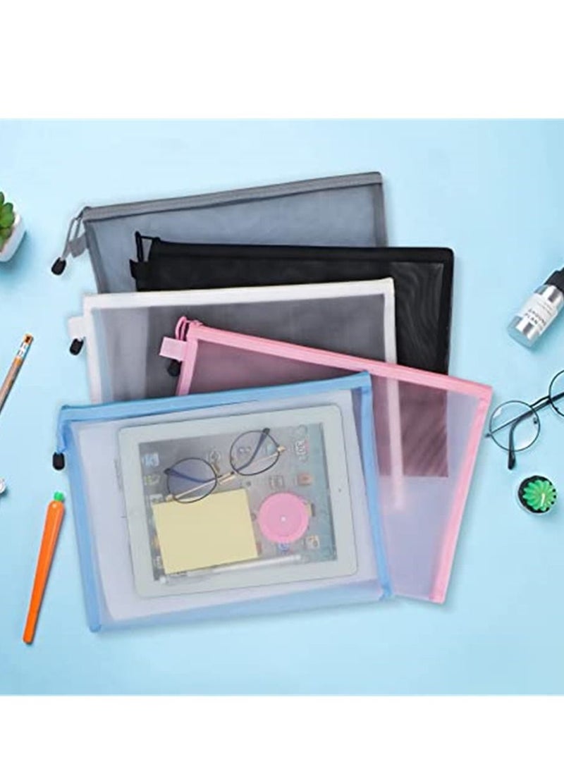 Excefore Mesh Zipper Pouch Document Bag, 5 Pack A4 Size Zipper Bags for School Office Supplies, Storage Bags, 5 Colors - Image 2