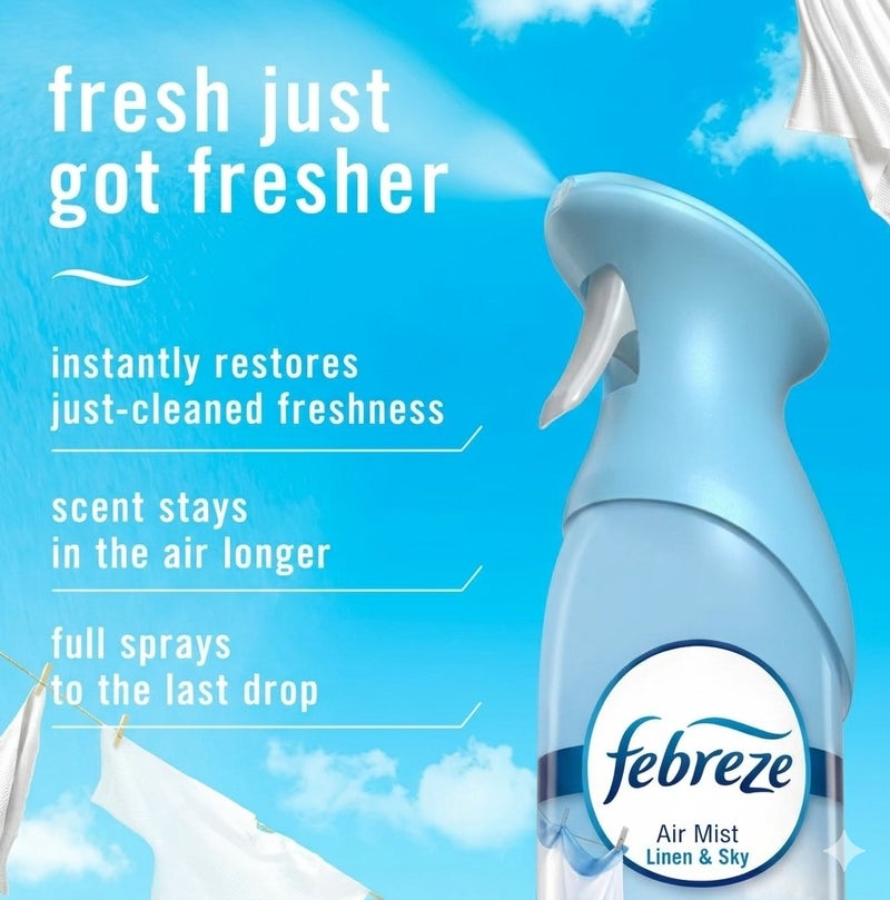 Febreze Air Mist Linen & Sky Scent 250ml Air Freshener Spray, Odor Eliminator, Long Lasting Room Spray, Fresh Fabric Inspired Fragrance for Home Bathroom Bedroom UAE - Image 4